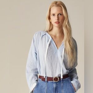 J. Crew Tie-neck Top in Striped Crinkle Cotton White & Blue Long Sleeve Sz. XS